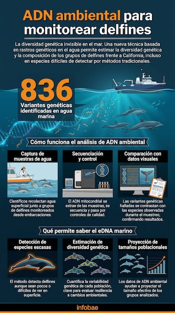 Infografía: ADN ambiental para monitorear delfines. Muestra barco, delfines, recolección de agua, análisis de ADN y gráficas de diversidad y población.