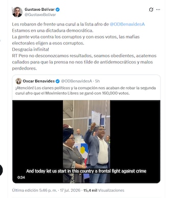 El exdirector del DPS Gustavo Bolívar rechazó la pérdida de la curul afro que tenía el Movimiento Libres - crédito @GustavoBolivar/X