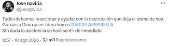 José Gaviria insta a organizar la ayuda para los afectados por el sismo - crédito @josegaviria/X