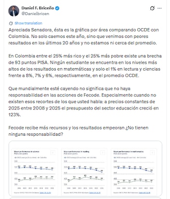 El senador defendió la evaluación de docentes y los colegios en concesión, tras el cuestionamiento de Jennifer Pedraza a su lectura de las cifras educativas - crédito @Danielbricen/X