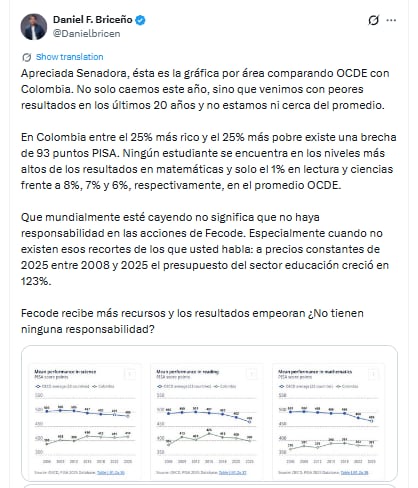 El senador defendió la evaluación de docentes y los colegios en concesión, tras el cuestionamiento de Jennifer Pedraza a su lectura de las cifras educativas - crédito @Danielbricen/X