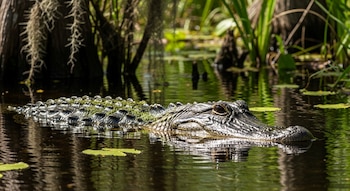 Un caimán americano parcialmente sumergido en agua, con hojas flotantes, troncos de árboles y vegetación verde alrededor.