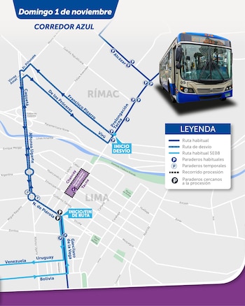 Mapa con rutas de desvío y paraderos del transporte público junto a la fotografía de un autobús del Corredor Azul