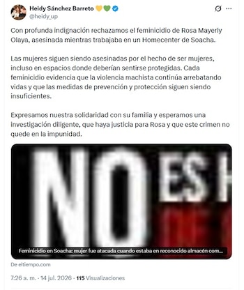 Sánchez se refirió desde su perfil de X al feminicidio de Rosa Mayerly Olaya - crédito @heidy_up/X