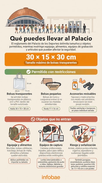 Infografía con ilustraciones de un recinto, personas en una fila, bolsas, medicamentos, mochilas prohibidas y cámaras fotográficas.
