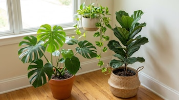 Imagen de una Monstera en maceta de terracota, un Ficus lyrata en cesta de mimbre y un Pothos colgante, cerca de una ventana y pared clara en suelo de madera.