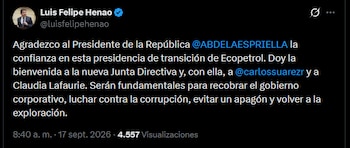 Luis Felipe Henao, César Eduardo Loza Arenas y Rodrigo Rodríguez Yee conservaron sus asientos en la junta de Ecopetrol como representantes de minoritarios, trabajadores y regiones productoras - crédito @luisfelipehenao/X