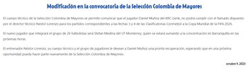 Comunicado de la selección Colombia