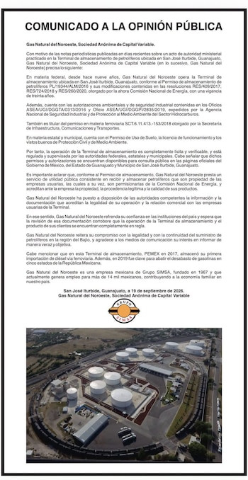 Comunicado emitido tras el aseguramiento del inmueble y el hidrocarburo. Crédito: Grupo SIMSA
