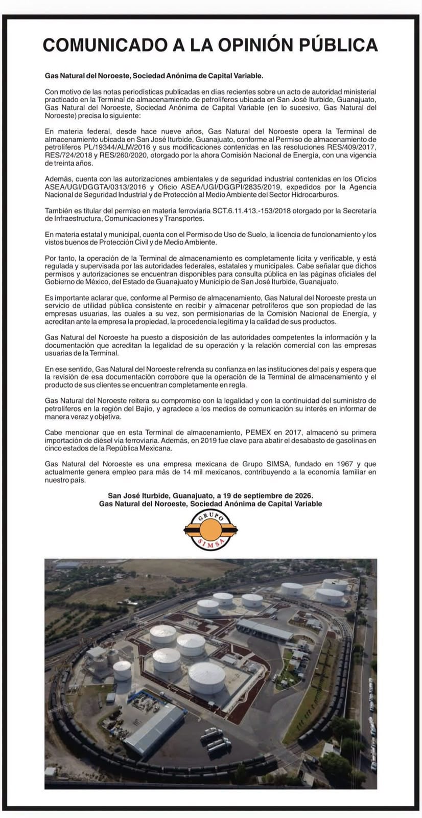 Comunicado emitido tras el aseguramiento del inmueble y el hidrocarburo. Crédito: Grupo SIMSA