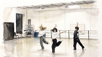 Ilustración de tres personas bailando en un estudio de danza con un gran espejo, barras, mobiliario y conductos de aire en el techo.