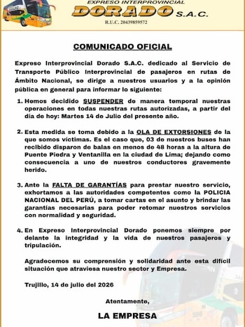 Empresa El Dorado suspende operaciones luego de ataque a balazos a dos buses con pasajeros.