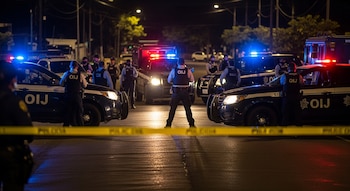 Noche: operativo policial con vehículos del OIJ y agentes uniformados. Cinta de seguridad amarilla en primer plano, luces de patrullas rojas/azules sobre asfalto mojado.