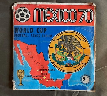 Portada de un álbum de cromos vintage Panini México 70. Muestra un mapa de México, el emblema nacional con el águila y un trofeo dorado