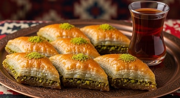 Baklava de Gaziantep con masa filo dorada y pistachos verdes en una bandeja de cobre junto a una taza de té. Un patrón oriental de fondo.