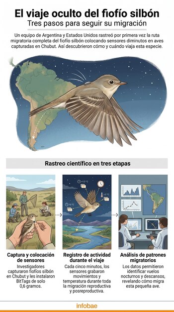 Infografía sobre la migración del fiofío silbón, mostrando un ave volando sobre un mapa de Sudamérica y tres pasos del estudio científico.