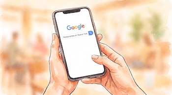 Dos manos sostienen un teléfono inteligente que muestra en pantalla el buscador de Google con la frase Restaurantes en Nueva York.