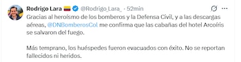 El ministro del Interior, Rodrigo Lara, confirmó que las cabañas fueron protegidas por la actuación de bomberos, Defensa Civil y las descargas aéreas - crédito Rodrigo Lara/X