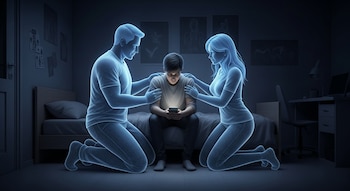 Un joven sentado en una cama oscura con la cabeza baja, mirando un celular iluminado. Dos figuras holográficas azules lo rodean, tocando sus hombros.