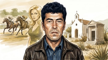 Caricatura de Heriberto Lazcano con camisa azul marino y chaqueta de cuero marrón oscuro. Detrás, una mujer rubia, caballos de carrera y una capilla con mausoleo.