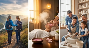 Composición de tres escenas: dos mujeres con mochilas en la montaña, una mujer relajándose en un spa con vapor y una familia sonriendo en un taller de cerámica.