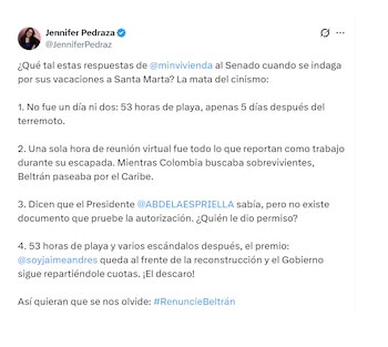 Jennifer Pedraza cuestionó respuestas del ministro de Vivienda Beltrán