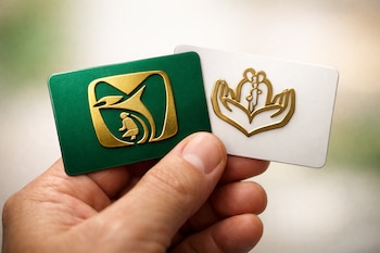 Una mano sostiene dos tarjetas: una verde con el logo dorado del IMSS y otra blanca con el logo dorado del ISSSTE.