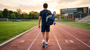Un joven visto de espaldas camina sobre una pista de atletismo con una mochila que contiene antiparras y un cinturón azul de artes marciales.