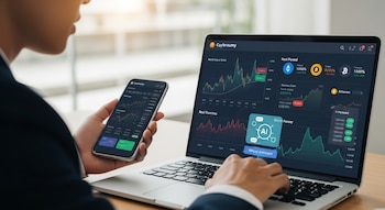 Vista de un profesional usando una laptop y un smartphone. Ambos dispositivos muestran pantallas con gráficos de criptomonedas y el portátil tiene un asistente virtual de IA.