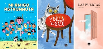 Tres portadas de libros. Una con un niño astronauta y caras, otra con un gato y una silla, y la última con una puerta abierta al cielo y aviones de papel