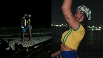 Luisa Castro aparece en el video y la foto con una blusa amarilla y pañoleta blanca y verde, el mismo look del momento en que, aparentemente, se besa con Ruub - crédito @leiderconrradoo/ X