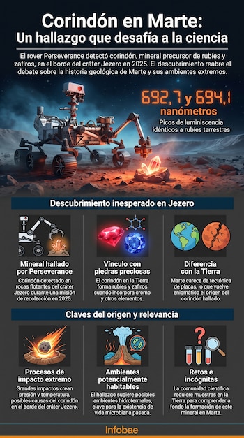 Rover espacial Perseverance en paisaje marciano con rocas y cristales brillantes. Seis diagramas que ilustran el hallazgo, vínculos, diferencias y procesos.
