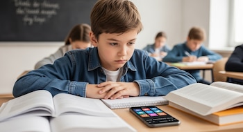 Un niño sentado en un pupitre mira un teléfono móvil con iconos de redes sociales. Libros y cuadernos abiertos están en el escritorio. Otros alumnos estudian al fondo.