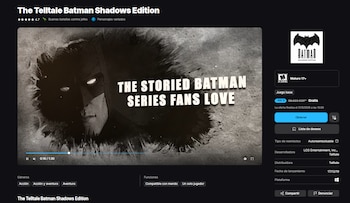 Captura de pantalla de una interfaz de ordenador oscura mostrando la página de un videojuego. Se ve una imagen de Batman en blanco y negro, y detalles del juego