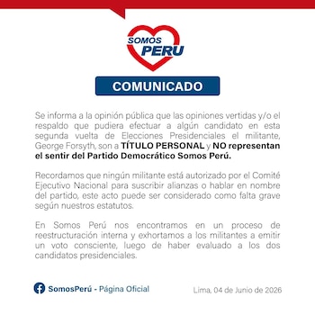 Comunicado oficial del partido Somos Perú en un fondo azul claro con su logo rojo y blanco, deslindando las acciones políticas de George Forsyth