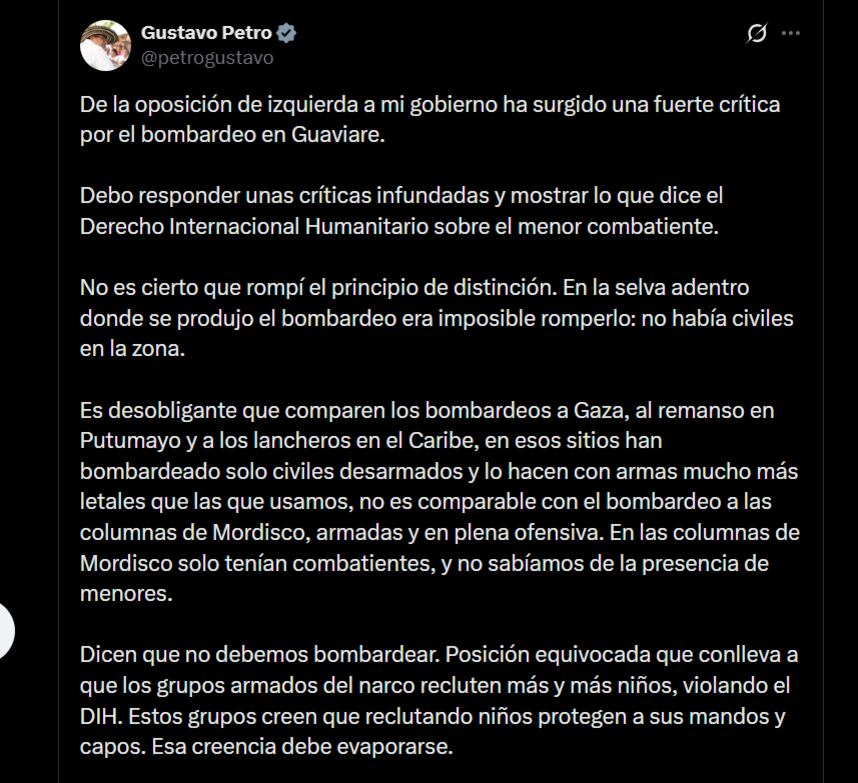 Gustavo Petro defendió el bombardeo en el departamento de Guaviare contra facciones de Iván Mordisco - crédito red social X