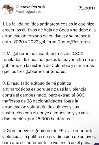 Publicación en X.com del usuario Gustavo Petro con su foto y nombre, mostrando un texto en español estructurado en cuatro puntos sobre política antinarcóticos