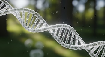 Primer plano de una estructura de doble hélice de ADN translúcida y texturizada, flotando en el aire con un fondo natural verde y desenfocado.