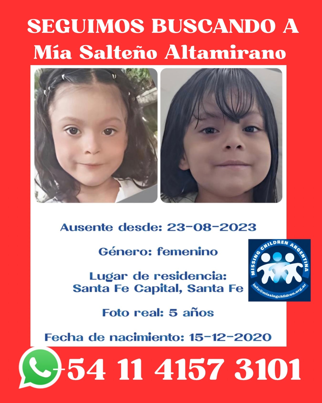 Se solicita la colaboración ciudadana para dar con el paradero de la niña (Fuente: Missing Children)