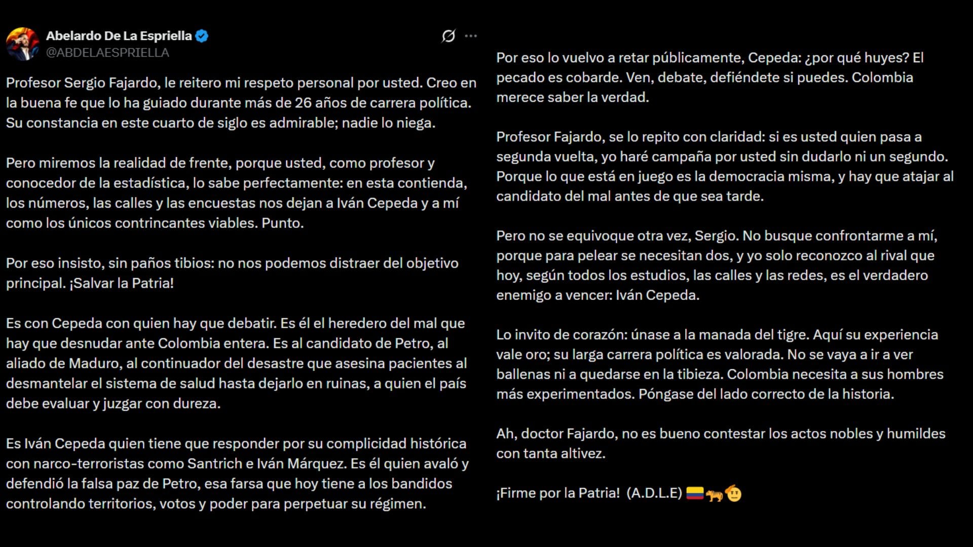 El abogado reiteró su respeto por Fajardo, retó públicamente a Cepeda a un debate y ofreció apoyo en segunda vuelta para frenar al candidato oficialista. - crédito @ABDELAESPRIELLA/X