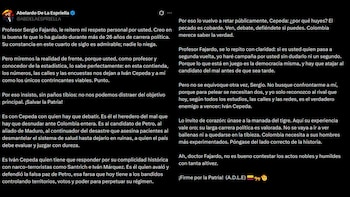 El abogado reiteró su respeto por Fajardo, retó públicamente a Cepeda a un debate y ofreció apoyo en segunda vuelta para frenar al candidato oficialista. - crédito @ABDELAESPRIELLA/X