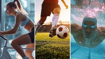 Tres paneles: mujer en bicicleta estática, pierna con bota de fútbol pateando un balón y hombre con gorro y gafas nadando bajo el agua