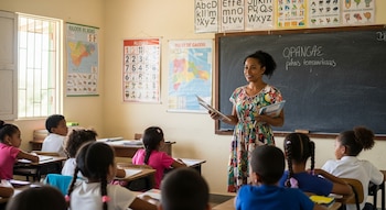 Una mujer con vestido floral lee un libro a seis niños sentados en pupitres en un aula. Hay un pizarrón, mapas y carteles en las paredes.