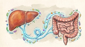 Ilustración de un hígado y un intestino grueso conectados por líneas azules onduladas, con bacterias sonrientes y moléculas coloridas fluyendo entre ellos.