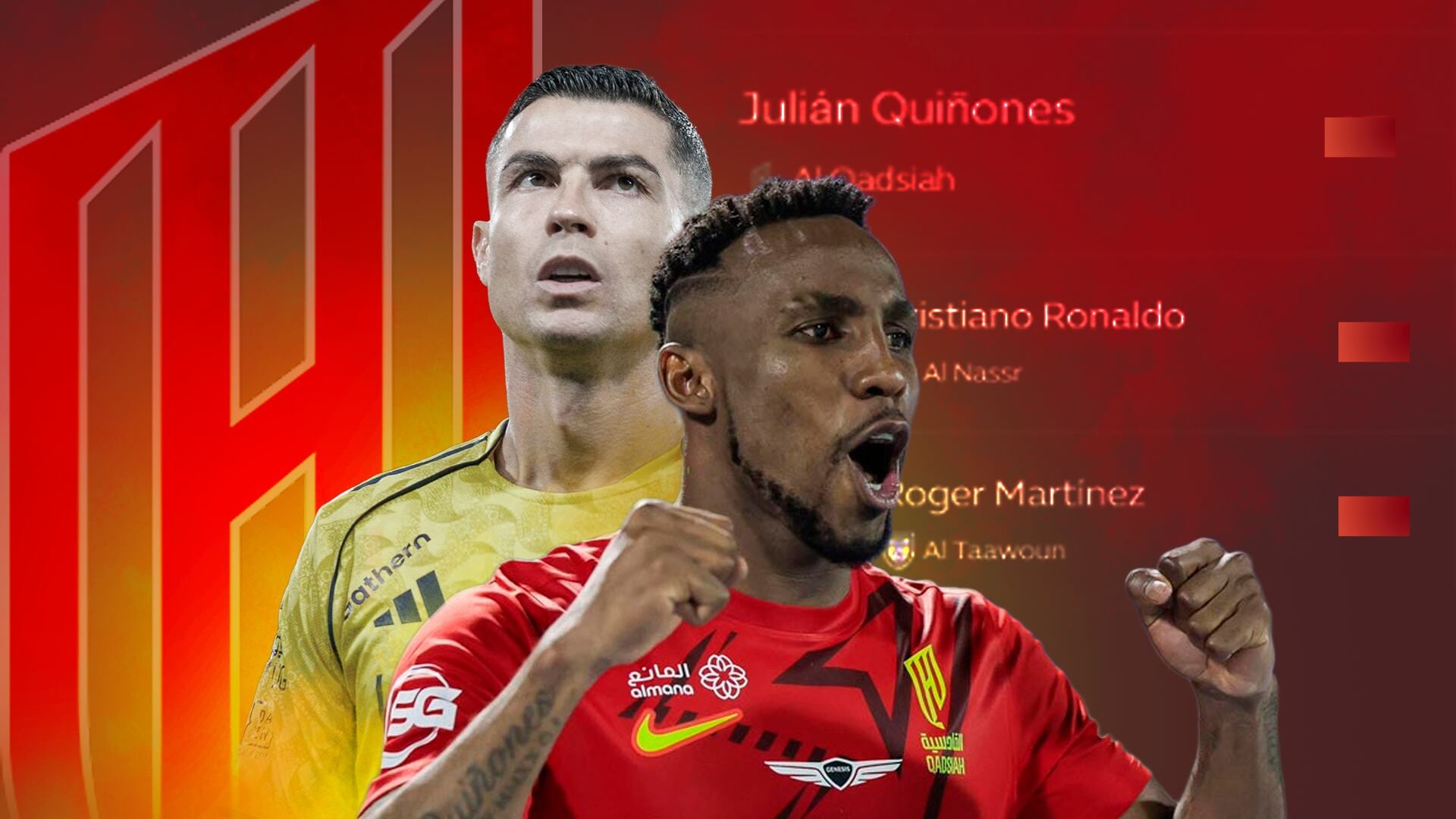 Con su Hat-Trick, Quiñones supera a Cristiano Ronaldo en la tabla de goleadores de la Saudi Pro League y se acerca al máximo goleador del toreno. (Ilustración: Jesús Aviles/Infobae)