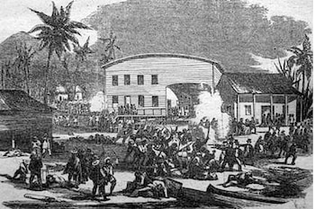 El no pago inicial de una tajada de sandía dejó un saldo de 15 estadounidenses y dos panameños muertos. Litografía publicada por Nationalgeographic.com.es.