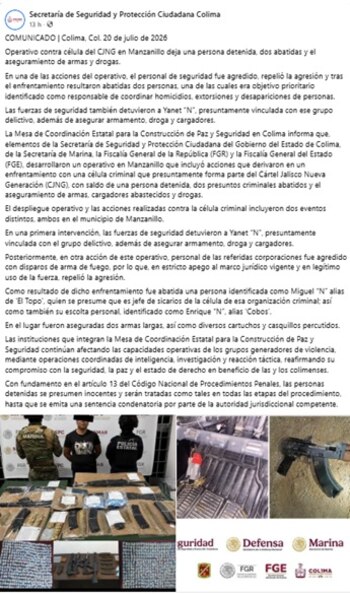 Fuerzas federales y estatales participaron en un operativo interinstitucional contra una célula del Cártel Jalisco Nueva Generación en Colima. (Facebook SSPC)