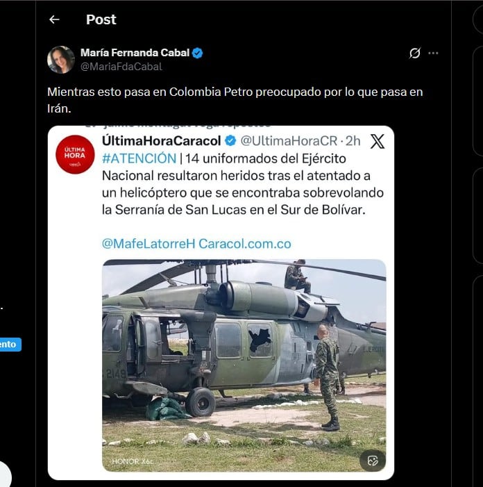 Por su parte la senadora María Fernanda Cabal reaccionó a la postura del Gobierno frente a la crisis en Medio Oriente - crédito @MariFdaCabal/X