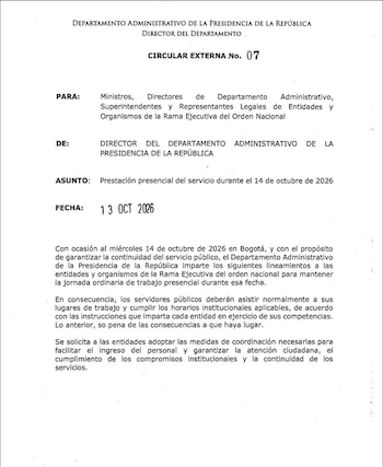 Los servidores públicos de la Rama Ejecutiva deberán asistir a sus lugares de trabajo y cumplir los horarios institucionales - crédito Dapre