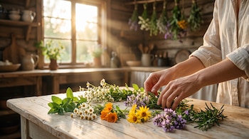 Manos que acomodan distintas flores y hierbas sobre una mesa de madera cerca de una ventana soleada.